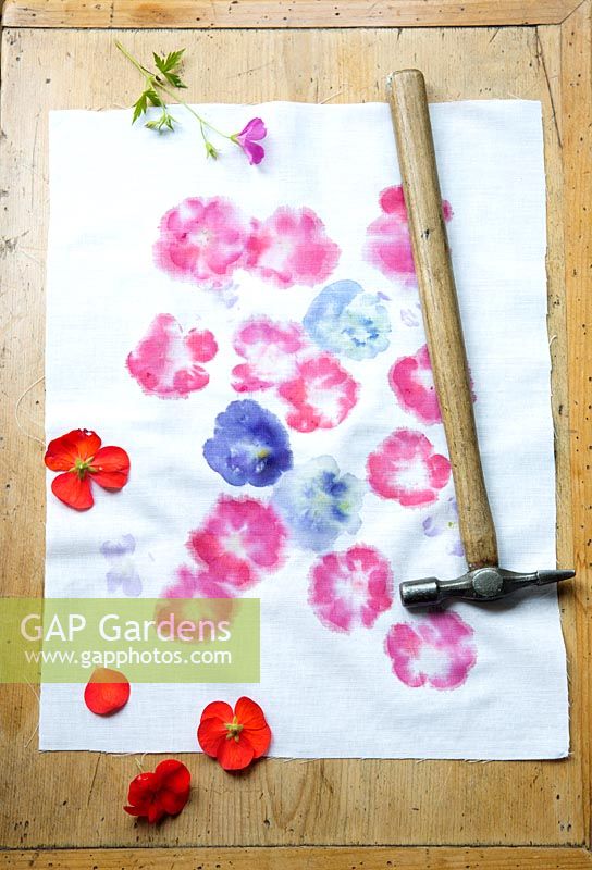 Impression sur tissu avec des fleurs fraîches. Tissu imprimé fini après avoir enlevé les fleurs
