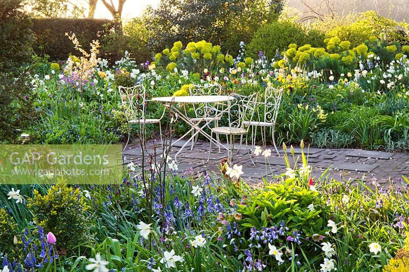 Table en métal blanc sur patio entourée de parterres de printemps. Création: Thea Maldegem