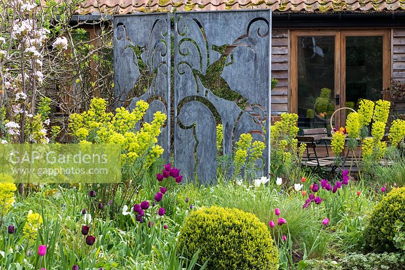 L'écran en métal de Paul Richardson crée de l'intimité pour un patio abrité, des parterres de tulipes et des euphorbes méditerranéennes.
