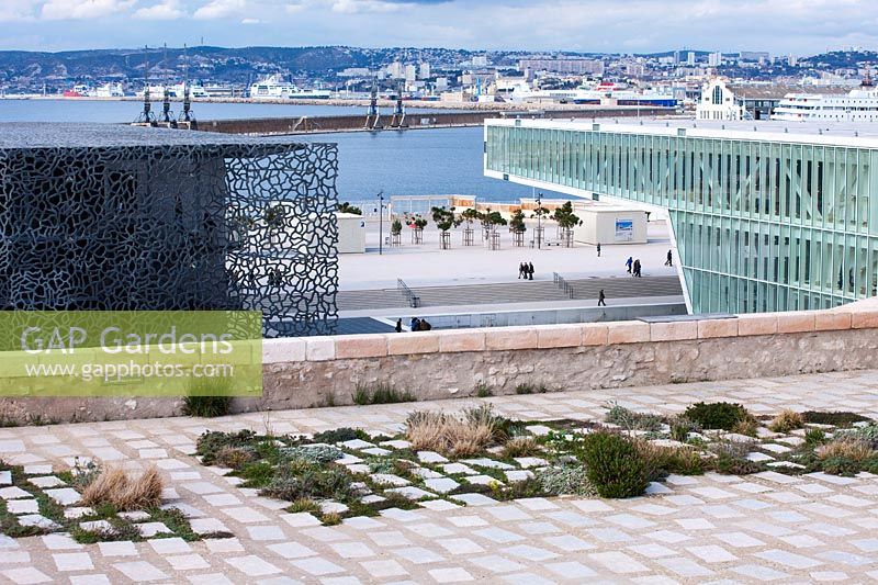Dalles de pierre plantées et vue depuis le Jardin des Migrations, Saint Jean, Marseille, France, février.