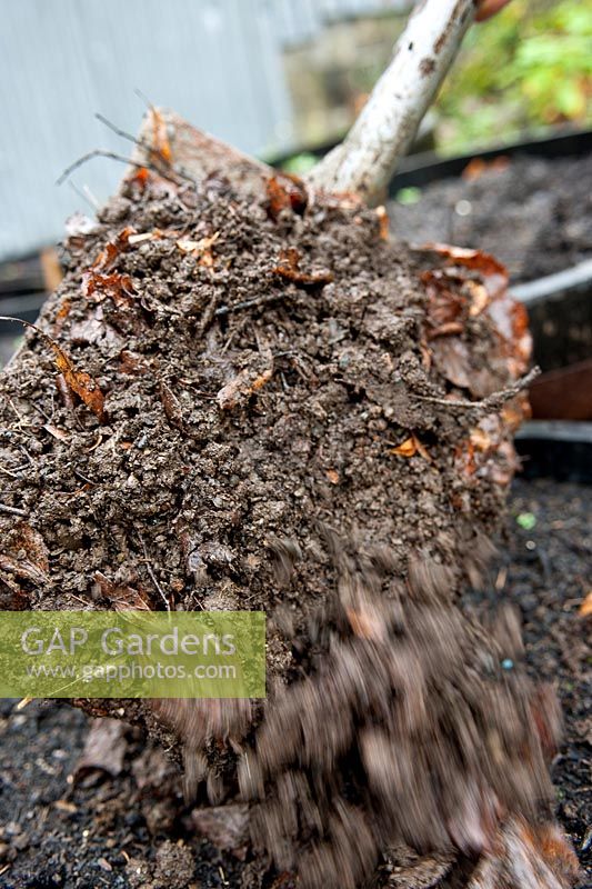Pelleter le terreau des feuilles dans un pot