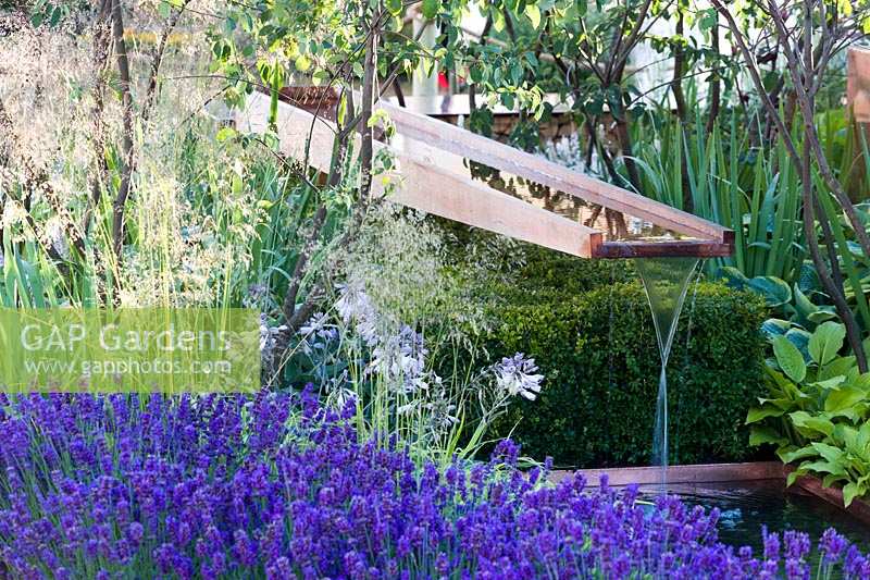 Hampton Court Flower Show 2014, le Vestra Wealth Garden, des. Paul Martin., Bec verseur dans jardin contemporain