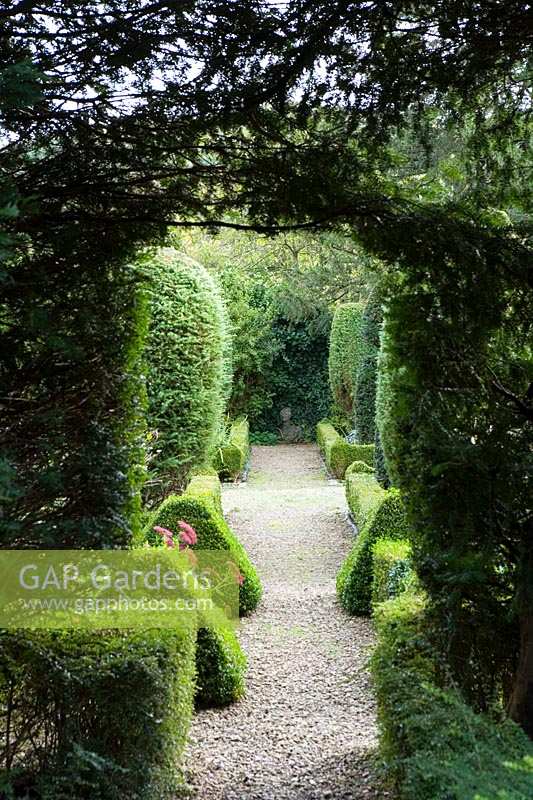 Owlpen Manor, Gloucestershire, Royaume-Uni. Automne, vue à travers l'arche d'if vers le jardin topiaire