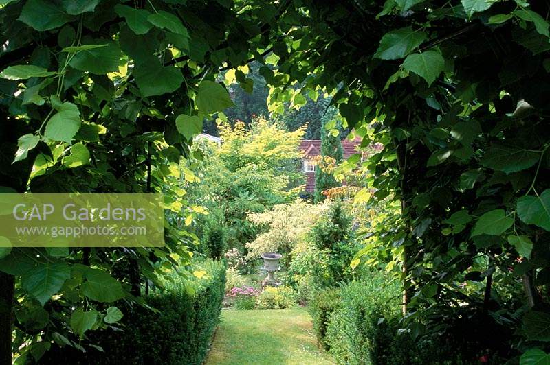 Alan Titchmarsh s garden Hampshire pergola de chaux formés à pied avec vue sur le jardin en pente à la maison