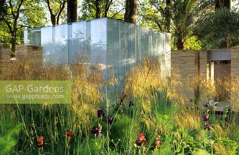 Chelsea Flower Show 2002 design Christopher Bradley Hole jardin contemporain avec Stipa gigantea et Iris