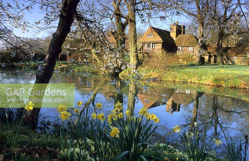 Vann Surrey Gertrude Jekyll design Grand étang avec des jonquilles et des primevères sur les rives Vue jusqu'à la maison de l'autre côté