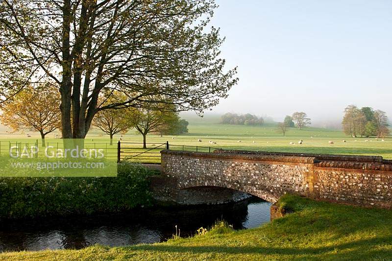ruisseau pont de pierre parc arbres herbe moutons vue soleil ensoleillé ciel bleu sud downs West Dean college Sussex campagne rurale