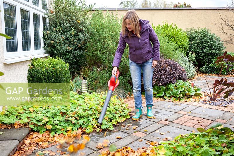 Femme à l'aide d'un souffleur de feuilles pour ramasser les feuilles d'un patio.