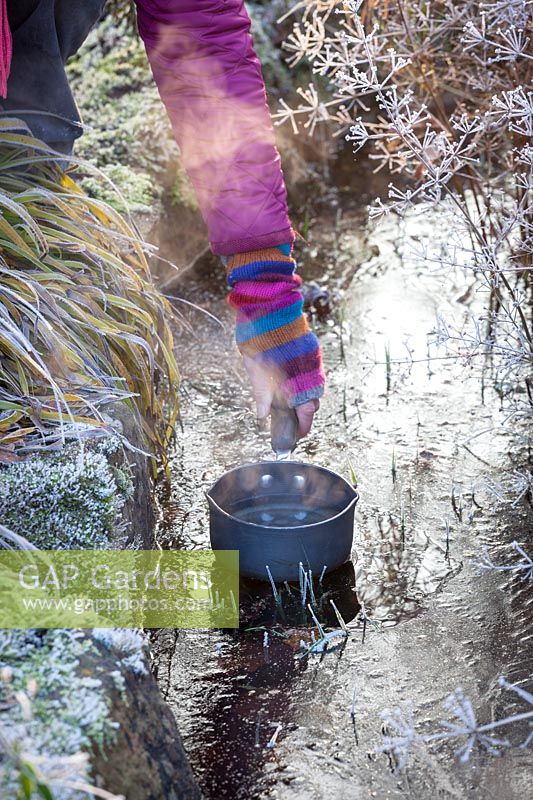 Femme faisant fondre de la glace sur un étang gelé à l'aide d'une casserole d'eau bouillante