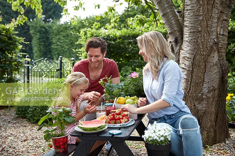 Famille, apprécier, manger, fraises, pique-nique, table, jardin