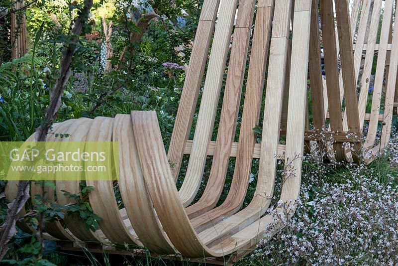 London Pride - Saxifraga x urbium grandissant à travers un banc en bois sur tige conçu par Tom Raffield - The Embroidered Minds Epilepsy Garden - RHS Chelsea Flower Show, 2018