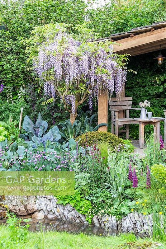 Bienvenue au Yorkshire Garden - Streamside Cottage Garden avec des légumes et des fleurs mélangés, Wisteria sinensis - Sponsor: Bienvenue au Yorkshire - RHS Chelsea Flower Show 2018
