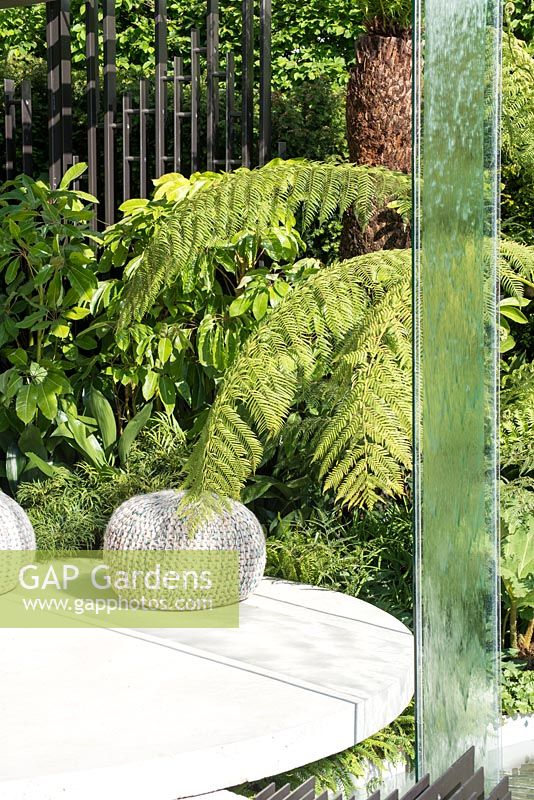 Cascade de verre avec Dicksonia anarctica et Fatsia japonica et coussins de sol en tricot pour les sièges - VTB Capital Garden - Spirit of Cornwall - Sponsor: VTB Capital - RHS Chelsea Flower Show, 2018