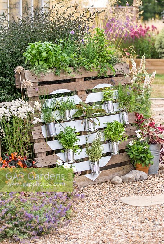 Jardin d'herbes recyclées - Jardinière à palettes en forme de cœur peint, herbes en boîte de conserve