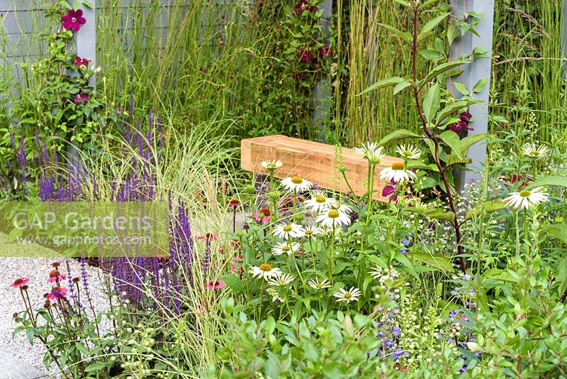 Banc en bois entouré de vivaces - Secured by Design, parrainé par Secured By Design, Capel Manor College, Smartwater, RHS Hampton Court Flower Show, 2018.