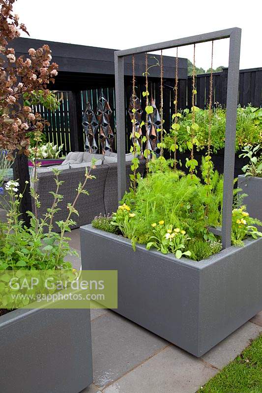 The Moveable Feast Garden - parterres de fleurs surélevés avec des supports plantés de légumes et d'herbes mélangés