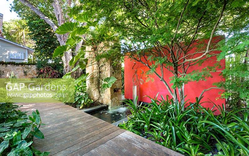 Voie ombragée en bois dans un jardin tropical. Résidence Von Phister, Key West, Floride, USA. Conception de jardin par Craig Reynolds.