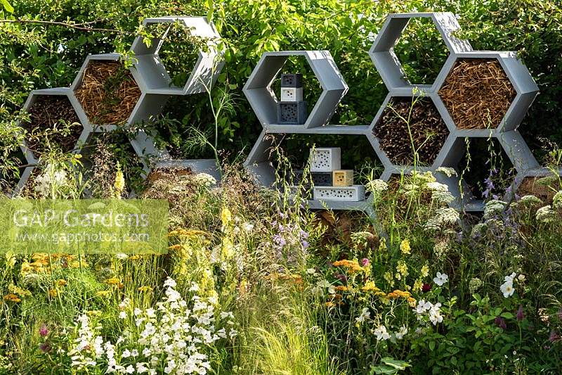 Un jardin planté pour attirer la faune. Les formes contemporaines en nid d'abeille sont présentes dans un mur conçu pour être un habitat pour les insectes, en particulier les abeilles. RHS Hampton Court Palace Garden Festival 2019. Commanditaire: Warner's Distillery.