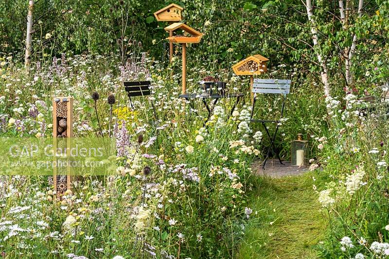 Un coin salon dans un jardin naturaliste respectueux de la faune avec des fleurs sauvages et des jardins de chalets, offrant un habitat pour la faune, les oiseaux, les insectes et les abeilles. RHS Hampton Court Palace Garden Festival 2019.