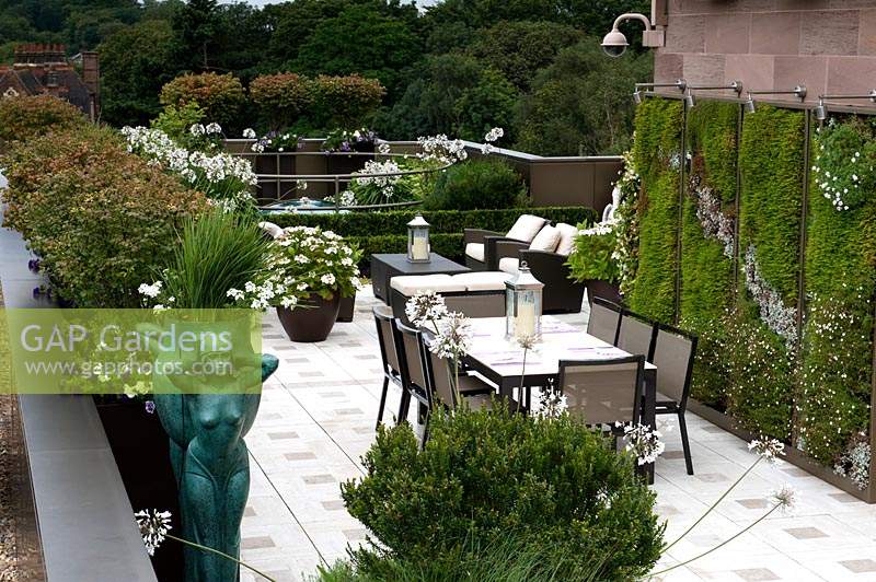 Jardin de toit urbain contemporain avec mur végétal vert de sedums tolérants à la sécheresse et Erigeron karvinskianus, table à manger et chaises sur terrasse, pots