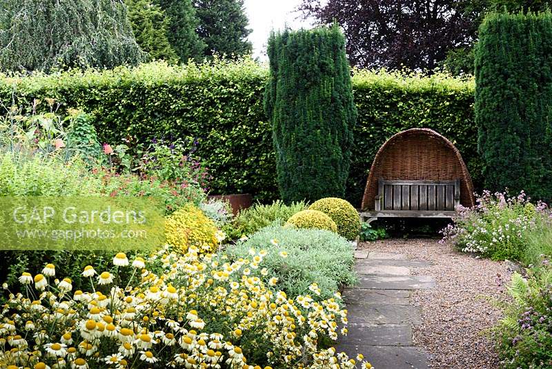 Boîte dorée coupée, if fastigié et herbes, dont la mélisse et le thym, encadrent un banc avec une capuche en saule tissé dans le jardin de York Gate, Adel en juillet.
