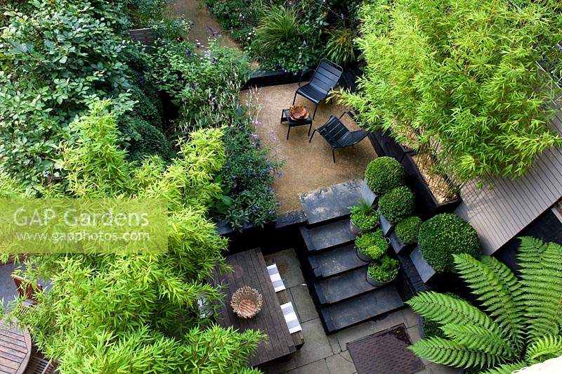 Vue sur le patio moderne dans un long jardin mince, entouré de plantations luxuriantes.