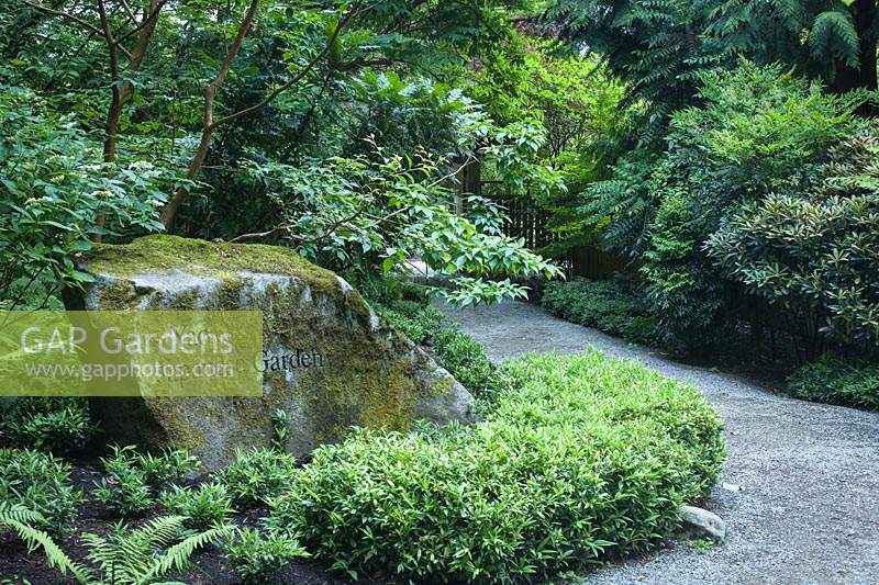 Pierre d'entrée du jardin japonais Yao. Jardin botanique de Bellevue, USA.