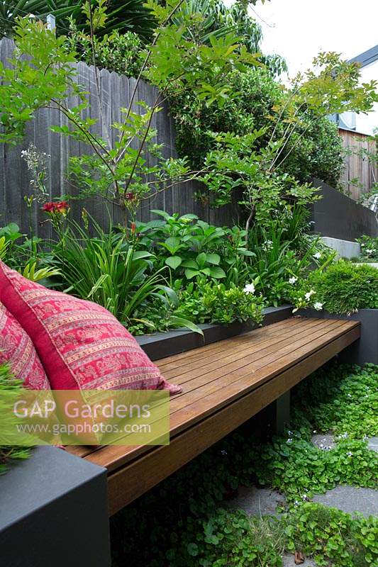 Une jardinière en ciment avec une banquette intégrée en bois de feuillus avec deux coussins à motifs rouges, plantée de Baby Panda Grass et d'un Gardenia en fleurs.