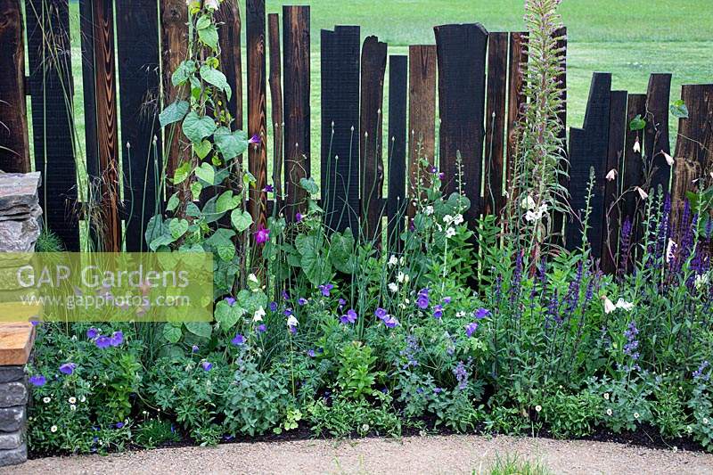 Clôture en bois carbonisé dans le jardin de pleine conscience 'Mandala' au RHS Chatsworth Flower Show 2019.