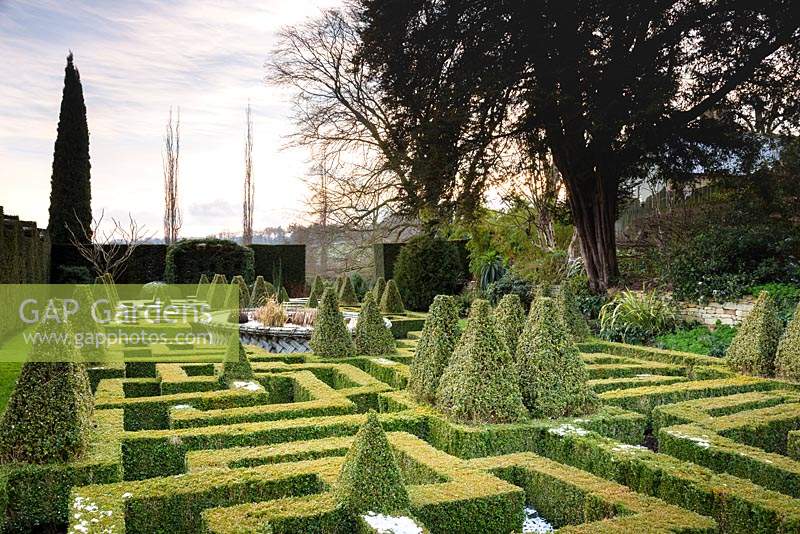 Un jardin de nœuds de Buxus écrêté - Boîte - avec des pyramides de boîtes panachées et un étang central de vannerie