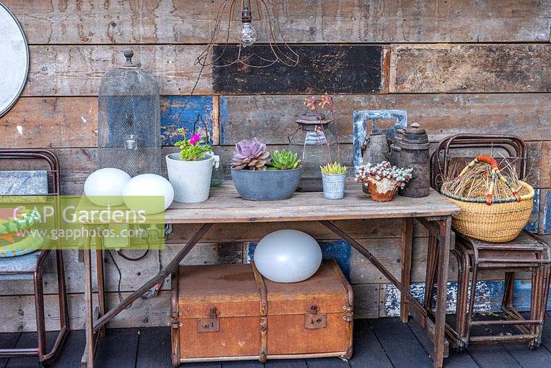 Une table dans la salle à manger couverte décorée de pots de plantes succulentes et de divers objets récupérés.