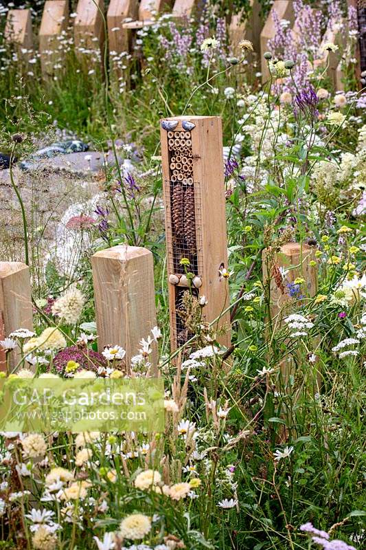 Hôtels à insectes entourés de plantations naturalistes - Springwatch Garden RHS Hampton Court Flower Show, 2019