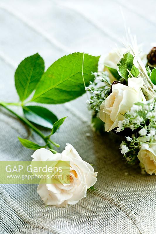 Décorations florales filaires avec roses blanches 'Eskimo' et Gypsophile