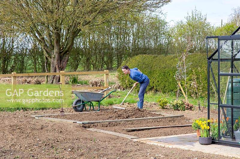 Femme travaillant dans un nouveau potager, répandant un améliorant du sol à l'aide d'un râteau et nivelant le sol