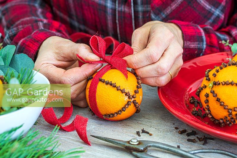 Oranges parsemées de clous de girofle décorées de ruban rouge