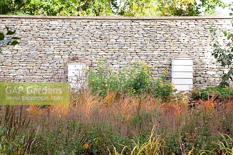 Ruches en bois décoratif dans un jardin clos avec des herbes mélangées et Rudbeckia subtomentosa. Radcot House, Oxfordshire, Royaume-Uni
