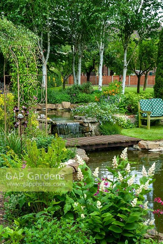Petite cascade entre les piscines du jardin, avec pont et plantation de parterres de fleurs, y compris Maianthemum racemosum - Plume de Soloman - Fougères et Ceonothus - Journée des jardins ouverts, Bures, Suffolk