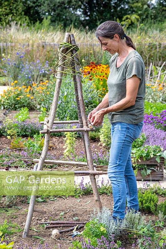 Woman using garden string pour fixer les poteaux horizontaux aux montants d'un obélisque noisette