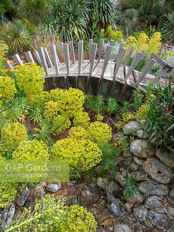 Pont en bois sur des rochers dans un jardin sec avec Euphorbia