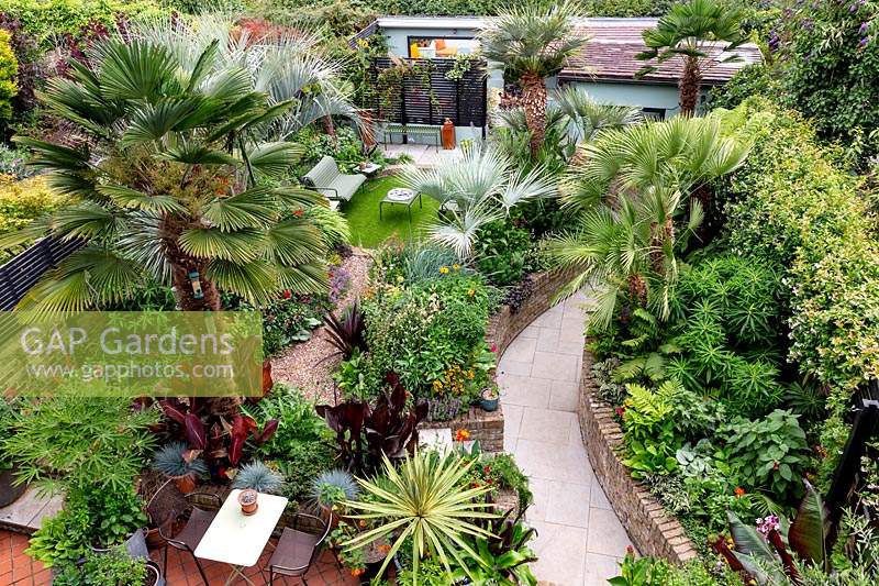 Un jardin tropical à Londres. Vue élevée du jardin montrant le chemin incurvé menant à travers les parterres de fleurs aux coins salon