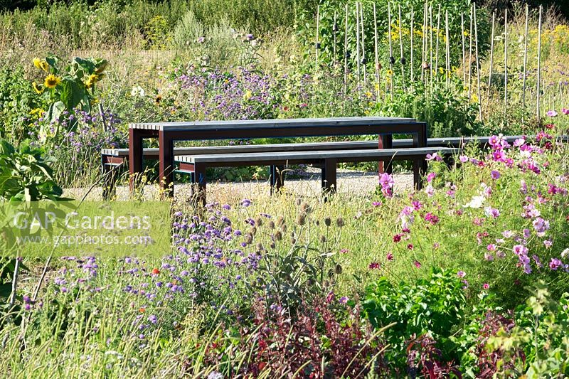 Jardin communautaire avec table et bancs parmi les fleurs