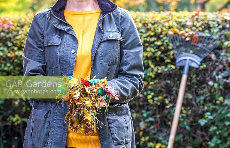 Femme tenant les feuilles mortes et la mousse recueillies lors du ratissage de la pelouse