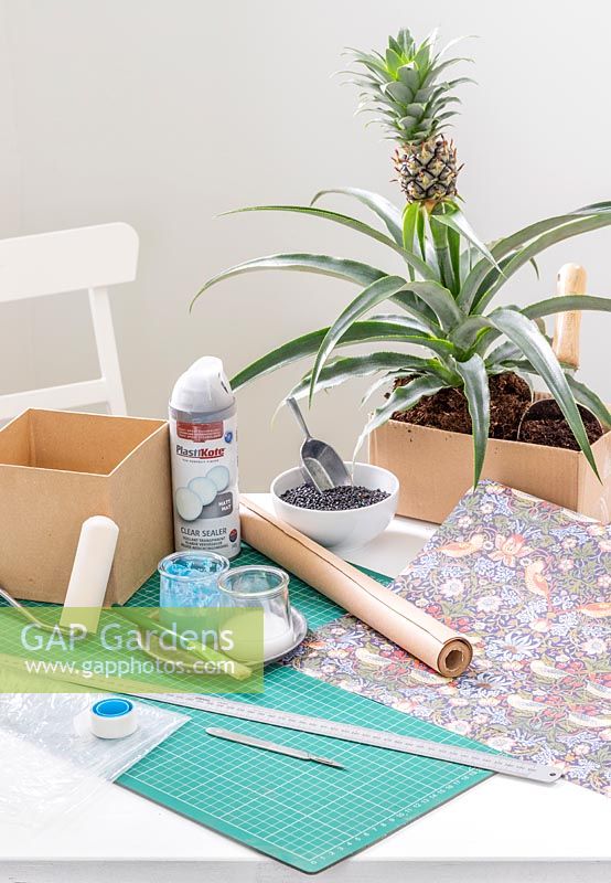 Outils et matériaux nécessaires pour fabriquer une boîte en carton plantée décorée de papier d'emballage