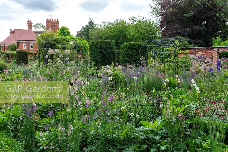 Parterres plantés de roses, alliums, delphiniums, lychnis, hollies de mer, linaires et scabious géant avec des colonnes d'if