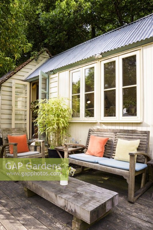 Studio de jardin d'architecte avec coin salon extérieur encadré d'un bambou cultivé en pot dans un jardin de cottage en juin.