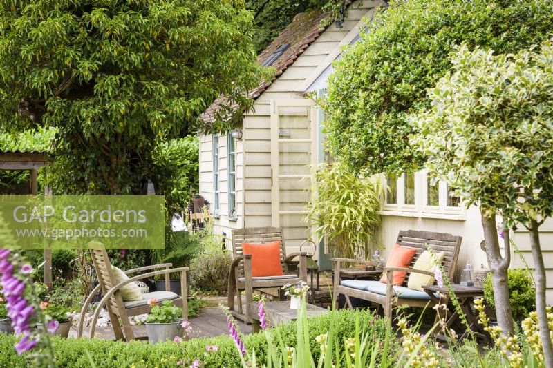 Studio de jardin d'architecte avec coin salon extérieur encadré de houx standard, de haies et de lierre taillé dans un jardin de cottage en juin.