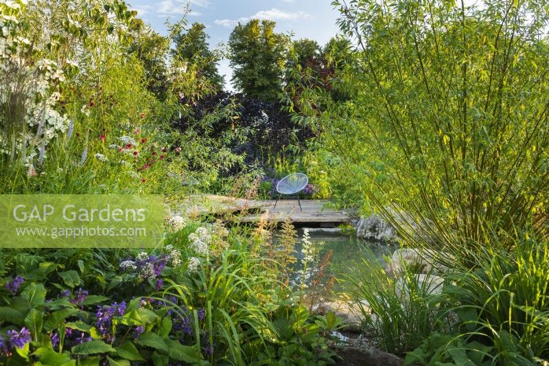 Vue sur l'étang jusqu'au coin salon sur une terrasse en bois en bois. RHS Garden pour un avenir vert. Conçu par Jamie Butterworth. RHS Hampton Court Palace Garden Festival Show, juillet 2021.