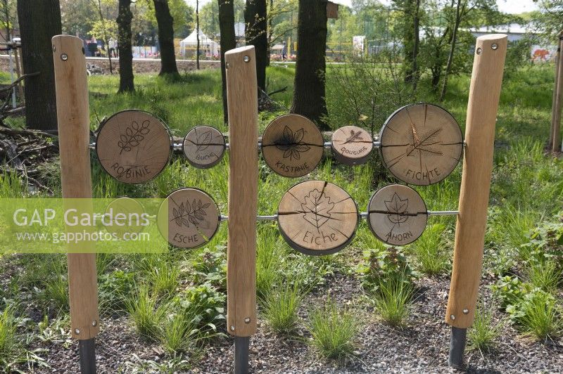 Torgau, Sachsen, Allemagne LAGA Landesgartenschau Torgau 2022 State garden show.Childrens education play zone. Identification des différentes feuilles caractéristiques des arbres