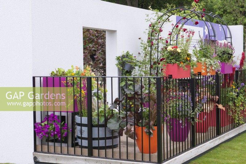 Un jardin de balcon est rempli de pots et de jardinières de balustrades d'herbes, d'annuelles, de vivaces et de rosiers grimpants.