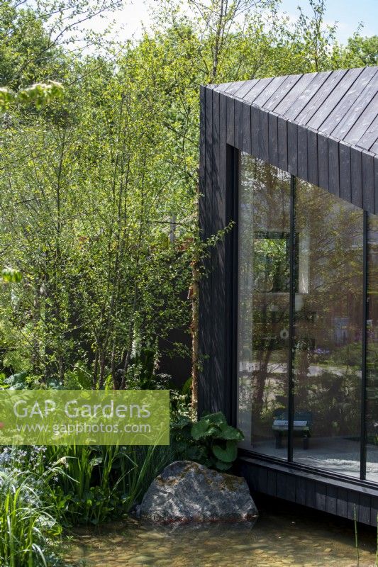 Une cabane en mélèze carbonisé surplombe un étang entouré de Betula nigra - A Garden Sanctuary by Hamptons, RHS Chelsea Flower Show 2022